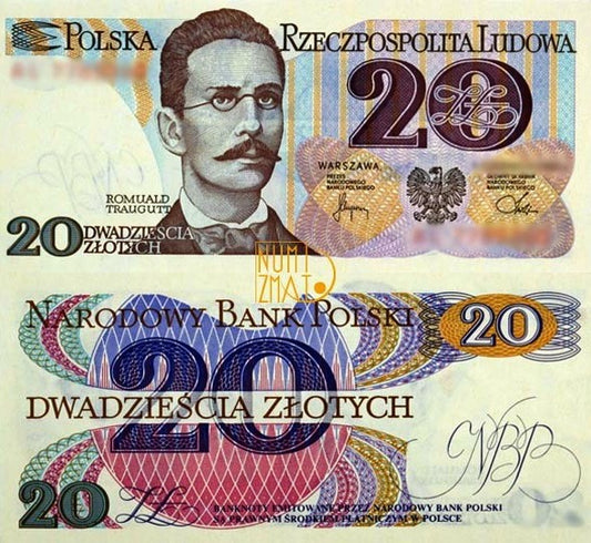 Banknot 20 zł 1982 SERIA AA, TRAUGUTT dwadzieścia złotych UNC